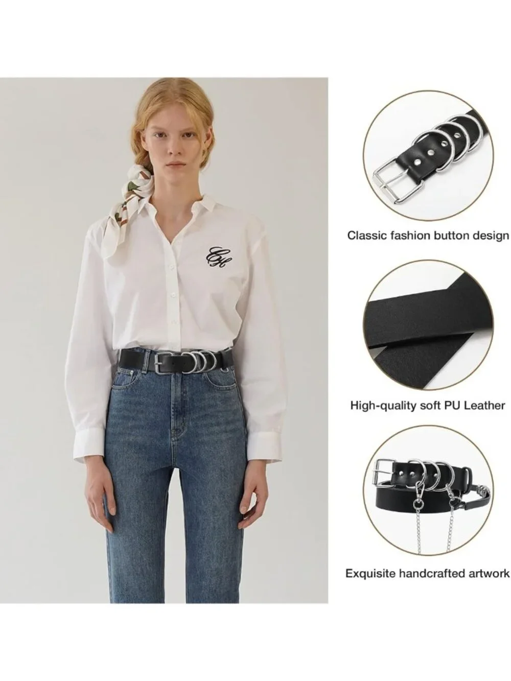 Stylish Black PU Leather Punk Waist Belt for Women - Adjustable with Gold